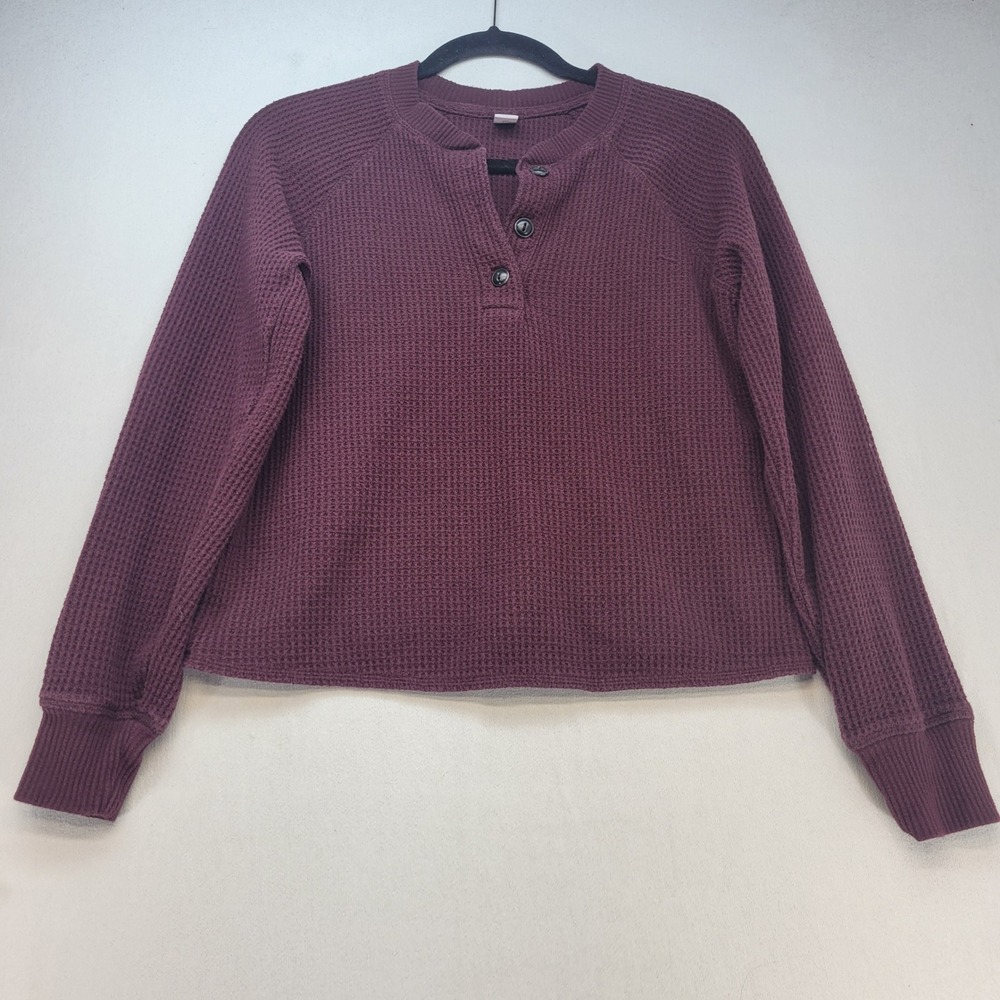 Old Navy Henley Top Womens XS Burgundy Waffle Knit Thermal Long Sleeve Lounge